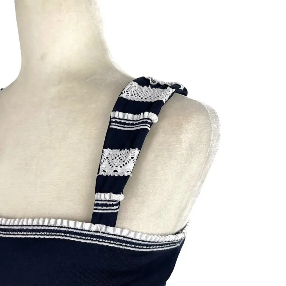 Becca Women's Size Small Floral Embroidered Crochet Strap Navy Tankini Swim Top